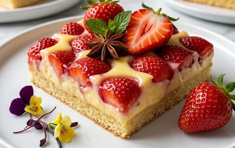 Erdbeerkuchen vom Blech mit Pudding